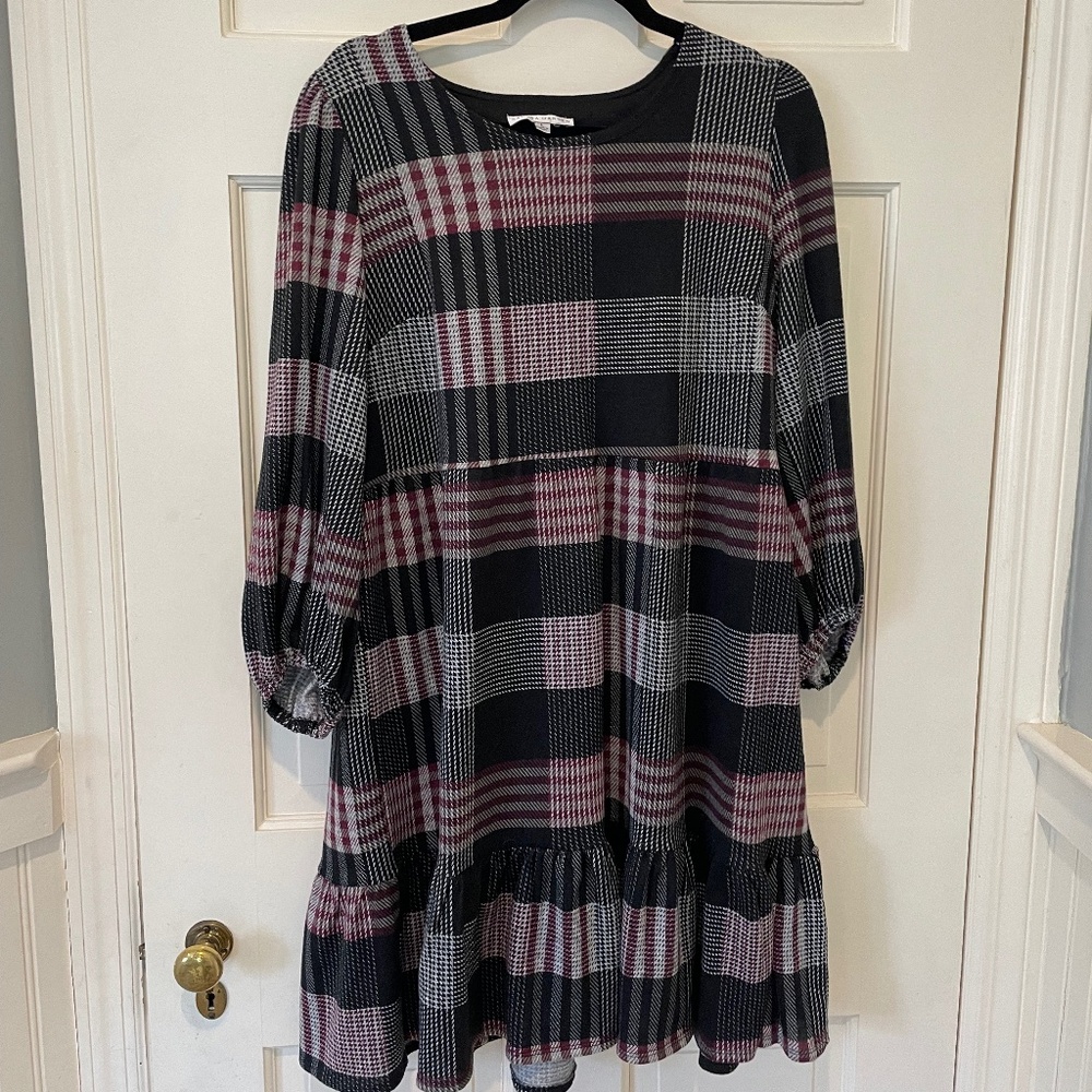Sandra Darren Long Sleeve Plum, Black & White Plaid Dress